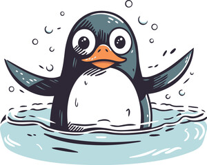 Cute penguin swimming in water. Hand drawn vector illustration.