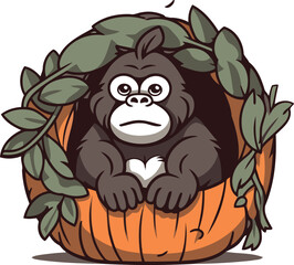 Gorilla in a pumpkin with leaves. Vector cartoon illustration.