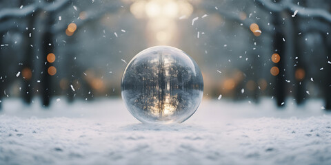 Fototapeta na wymiar Christmas Transparent Bauble in the Snow: An Unreal and Enchanting Fairytale Scene