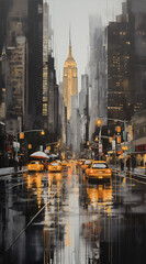 new york skyline, acrylic on stretched canvas, in the style of reflections and mirroring, dark silver and yellow, chaotic compositions, lively street scenes, grid, dark gray and light amber