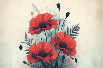 Red poppy flowers on pastel background. Remembrance Day, Armistice Day, Anzac day symbol