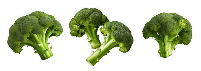 Set of broccoli isolated on transparent background, PNG. Different broccolies. Broccoli pieces. 