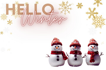 Frosty Salutations: Cheerful Snowmen with 'Hello Winter' Typography with Snowflakes