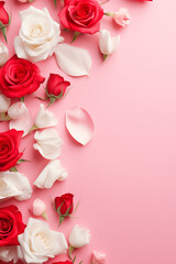 Fototapeta na wymiar Valentine's Day Greeting Card: Pink Background with Red and Pink Roses