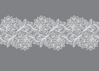 Seamless floral background with white lace leaves.Vector white lace branches with flowers - obrazy, fototapety, plakaty