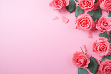 Pink Background with Soft Green Leaves and Pink Roses for Greeting Card