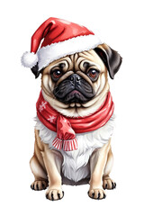  cute pug dog in santa hat on white background