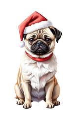  cute pug dog in santa hat on white background
