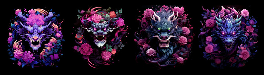Chinese dragons with flowers on black background. Magic character portraits set for print, package, poster, banner. 2024 Year of Dragon cartoon symbol