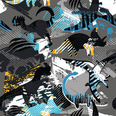 Cartoon seamless dinosaurs pattern on grunge graffiti background. Repeat dino print for kids textile, boy clothes, wrapping paper. Jurassic animals ornaments. Grunge textured ornament. © Kseniia Koval
