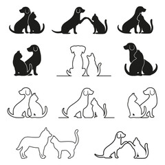 Illustration set of different silhouettes of a dog and a cat on a white background