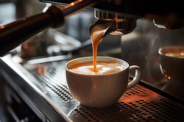 Fototapeta premium Aromatic Coffee Brewing. Close-Up of Professional Coffee Machine Pouring Fresh Coffee into White Mug
