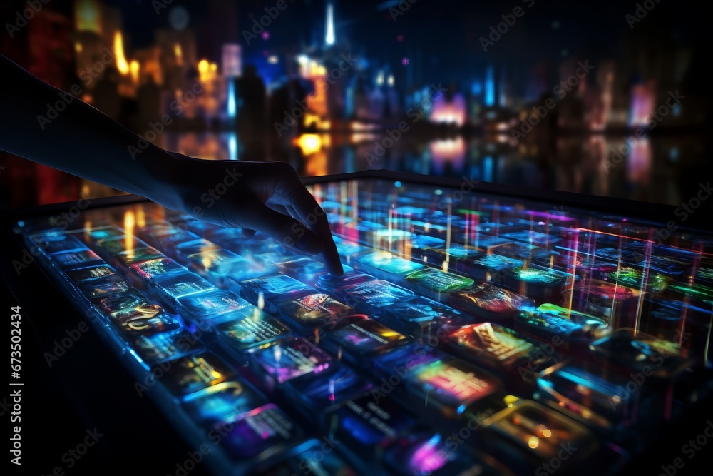 Poster virtual keyboard syncing business data with global network. data exchange and information transfer