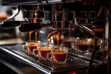 Premium Coffee Machine Brewing Fresh Brew into Transparent Cups, Professional Coffee Brewing Process - obrazy, fototapety, plakaty