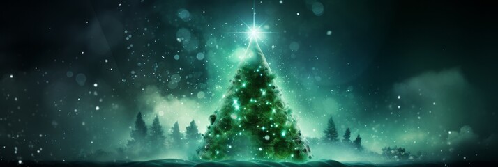 Elegant Christmas Tree on Festive Card with Green Blue Background and Blurred Snowflakes