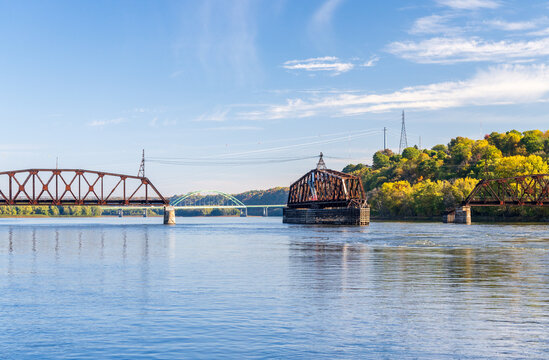 Dubuque Railroad bridge opens to allow river cruise boat to pass on Upper Mississippi in Dubuque Iowa