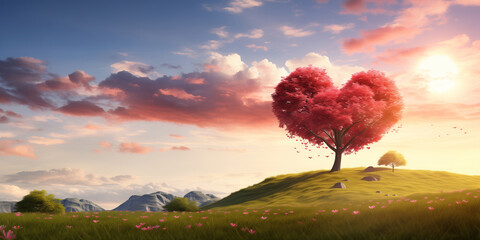 Dreamy Landscape: Heart-Shaped Red Tree in a Serene Green Meadow