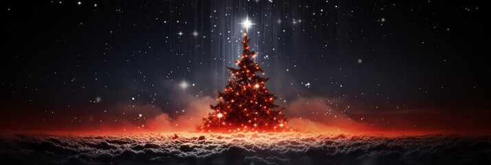 Elegant Festive Christmas Tree on a Dark Background with Magical Starry Night Sky - obrazy, fototapety, plakaty