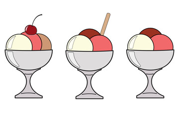 Retro style sweet dessert ice cream ice-cream glass, ice-cream cup. Gelato with different tastes, ice-cream scoop, collection isolated ice-cream cones and popsicles with different topping.