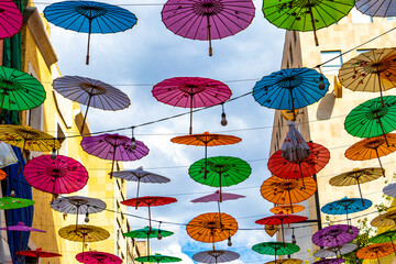 Fototapeta na wymiar Colorful umbrellas over China town in Mexico City Mexico.