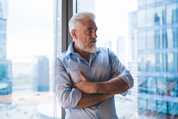 Gray haired businessman standing near window in office