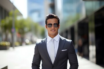 Fototapeta premium a modern Latin businessman, capturing his charisma and professionalism amidst the urban backdrop. generative AI