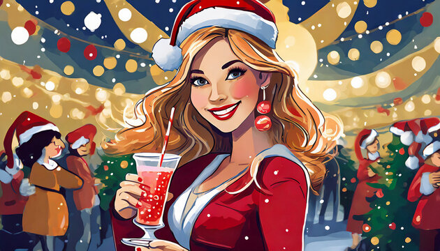mujer tomando soda en una fiesta navide&ntilde;a 