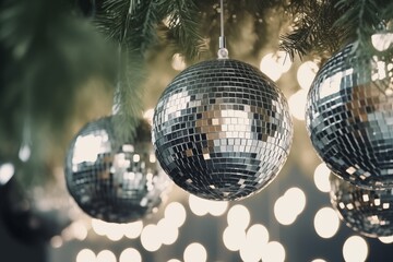Silver Christmas decorative balls on the Christmas tree. Generative AI