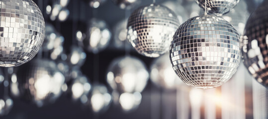 Silver Christmas decorative balls, banner. Generative AI