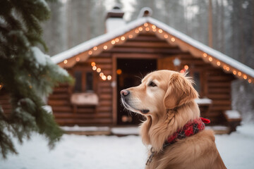 Dog near a decorated Christmas house. Generative AI