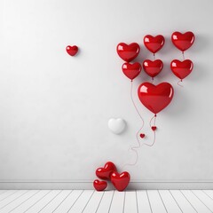 White wall with red heart-shaped balloons. Square image.