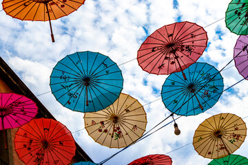 Colorful umbrellas over China town in Mexico City Mexico.