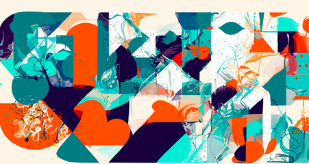 Abstract geometric background with overlapping shapes, lines and splashes. Vector illustration.