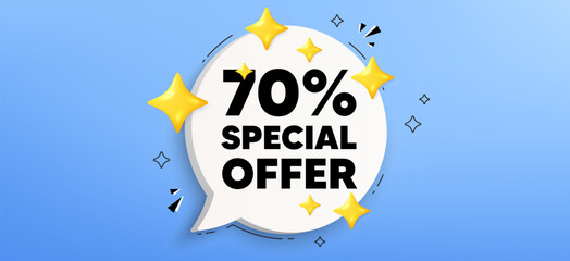 70 percent discount offer tag. Chat speech bubble banner. Sale price promo sign. Special offer symbol. Discount speech bubble message. Talk box infographics. Vector