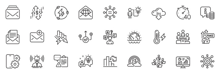 Icons pack as Lgbt, Web mail and Cloud download line icons for app include Teamwork, Info, Framework outline thin icon web set. Fake internet, Mail, Business podium pictogram. Vector