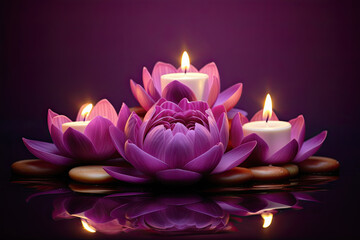 flores de loto junto a velas encendidas sobre fondo morado