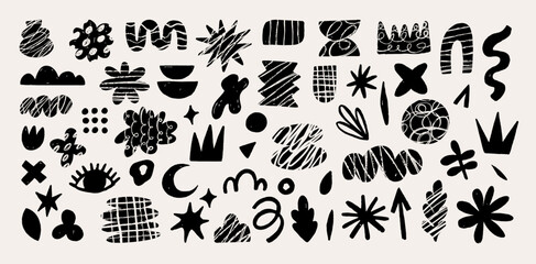 Hand drawn naive, bizarre abstract geometric shapes and forms. Modern contemporary figures, various organic shapes and doodle objects, vector graphic elements