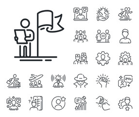 Success flag sign. Specialist, doctor and job competition outline icons. Leadership line icon. Winner symbol. Leadership line sign. Avatar placeholder, spy headshot icon. Strike leader. Vector