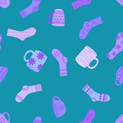 Winter warm socks and cup of tea seamless Christmas pattern for wrapping paper and fabrics and linens
