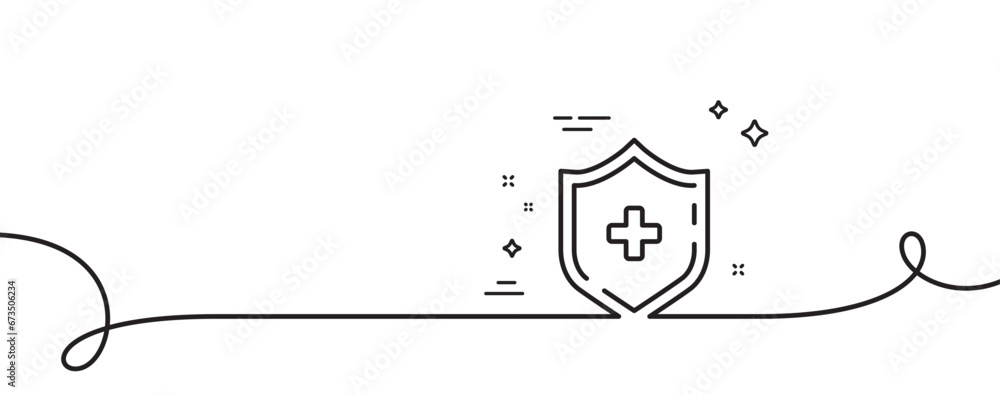 Poster medicine shield line icon. continuous one line with curl. medical protection sign. medical shield si