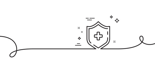 Medicine shield line icon. Continuous one line with curl. Medical protection sign. Medical shield single outline ribbon. Loop curve pattern. Vector