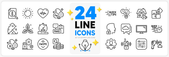 Fototapeta na wymiar Icons set of Heartbeat, Stress protection and Home charging line icons pack for app with Swipe up, Niacin vitamin, Fair trade thin outline icon. Weather forecast, Inspect, Timer pictogram. Vector