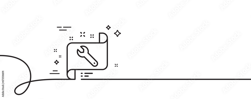 Poster spanner tool line icon. continuous one line with curl. repair service blueprint sign. fix instrument