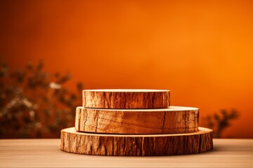 Natural Wooden Saw Stump Cut Cylinder - Minimalistic Eco-Style Design on Orange Background