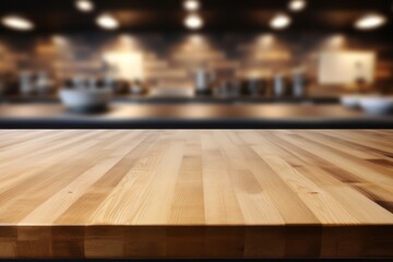 Beautiful Wood Table Top in Bright Modern Kitchen Interior, Perfect for Product Placement