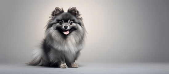 A spitz breed dog small and pedigreed poses for a photo in a studio setting against a grey background