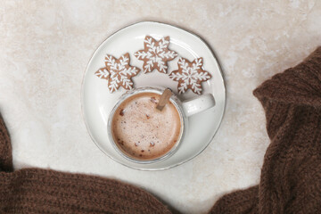 Christmas gingerbread cookies and chocolate milk mug, concept of winter holidays desserts and decoration