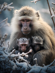 Fototapeta premium A Photo of a Baboon and Her Babies in a Winter Setting