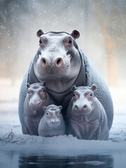 A Photo of a Hippo and Her Babies in a Winter Setting
