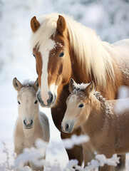 Obraz na płótnie Canvas A Photo of a Horse and Her Babies in a Winter Setting